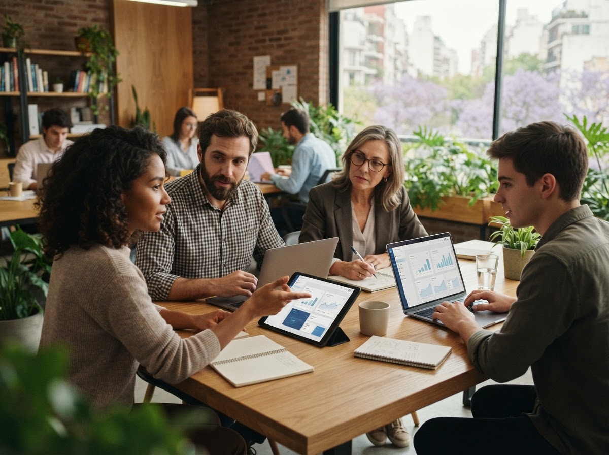 Equipo de Cuotaneo Pro trabajando sobre un panel de análisis de datos